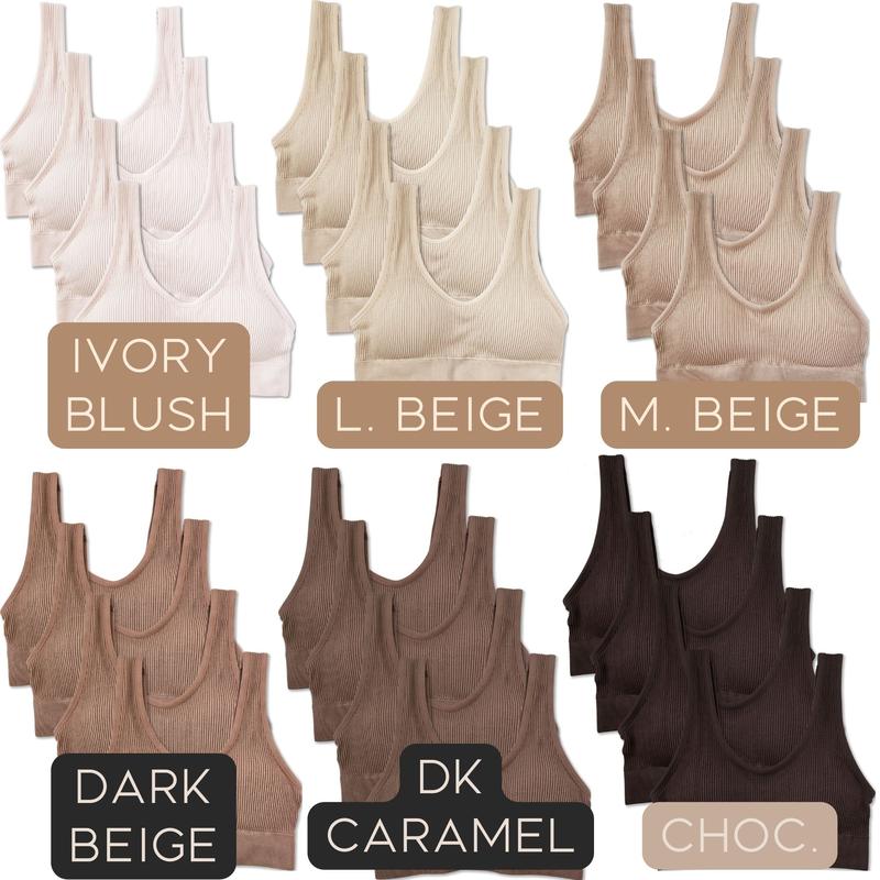 Kalon 4 Pack Ribbed Bras for Women Nylon Spandex Comfort Crop Everyday Underwear