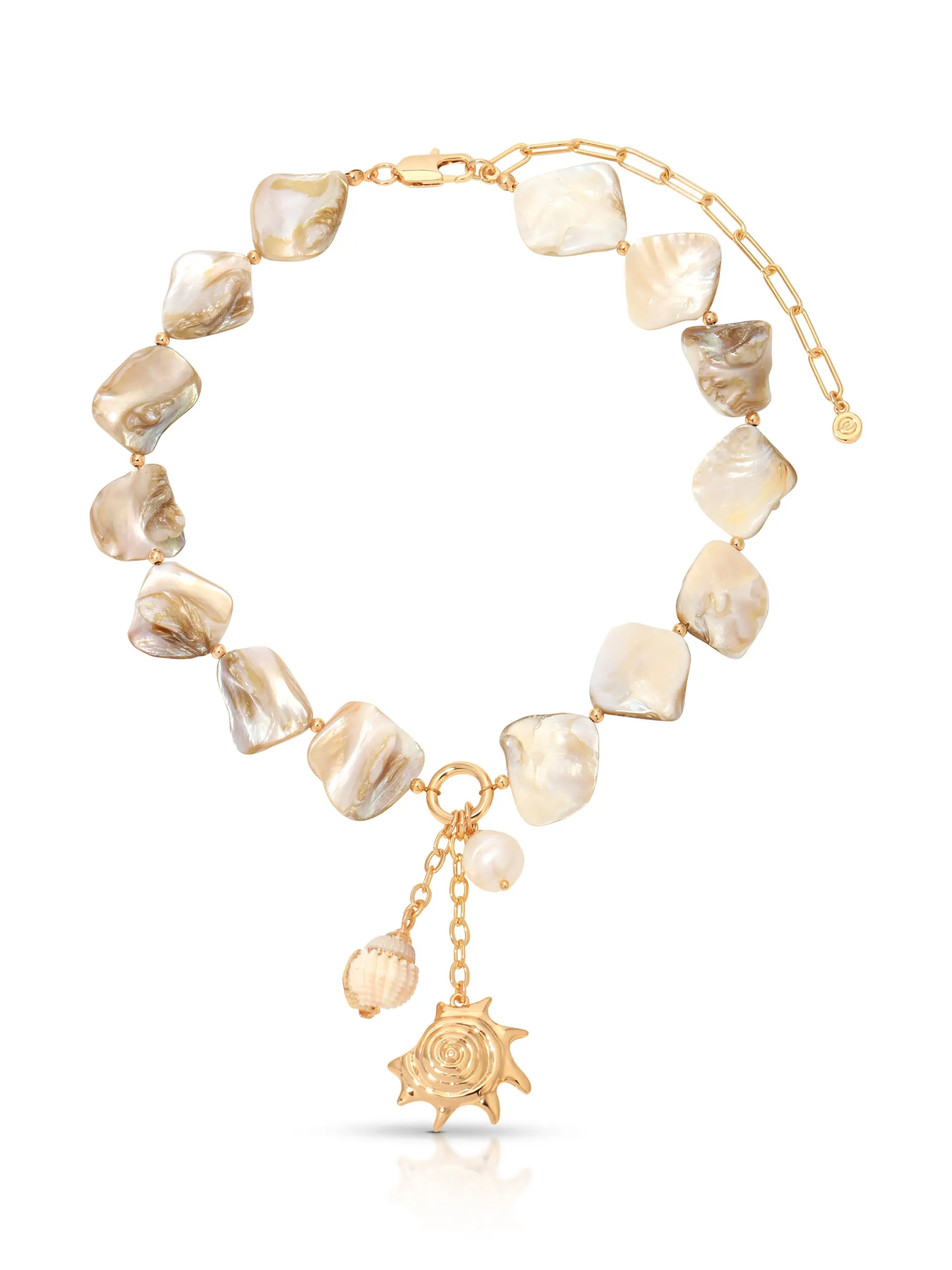 Ettika True Shell Necklace 18k Gold Plated with Natural Shell & Freshwater Pearl Sun Charm Adjustable 14.74" Chain