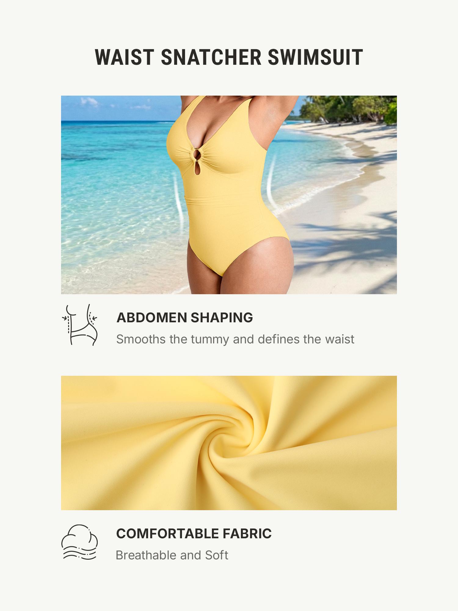 FeelinGirl One Piece Swimsuit Tummy Tucking Bathing Suit Swimwear Plus Size Plain Color High Cut with Removable Pads Summer New Arrivals