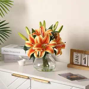 6-Pack Realistic Silk Lilies Artificial Flowers with Glass Vase – Lifelike Faux Lily Bouquet for Home Wedding Office Decor,No Maintenance,Bendable Stems,Ready-to-Display-Orange & Yellow