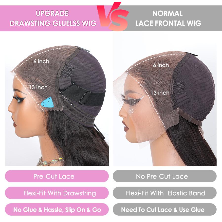 Pizazz Hair 13x6 Glueless Lace Frontal Wig Ear To Ear HD Transparent Lace Melted Skin Well Straight Human Hair Wigs With Drawstring , Pre Bleached , Pre Cut ,Pre Plucked Human Hair For Women