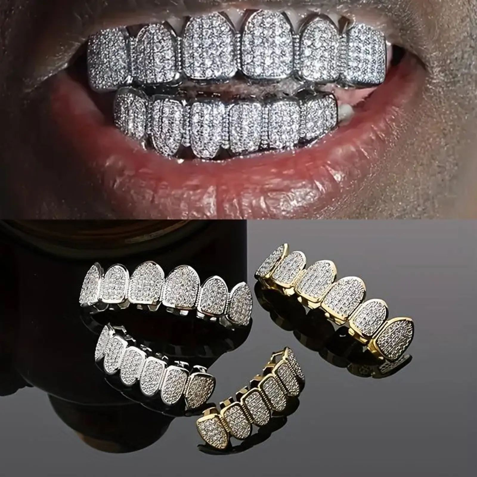 Hiphop Grillz Jewelry, Copper-Zircon Micro-Inlaid with Real Gold, Exaggerated Halloween Teeth Decoration for Hip Hop Enthusiasts