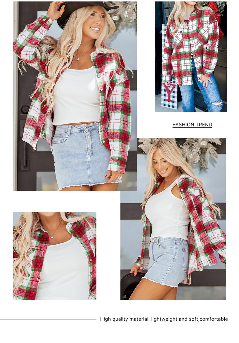 Asvivid Women's Christmas Plaid Flannel Shacket with Pockets Long Sleeve Button Down Casual Outerwear for Festive Style Womenswear Shirt Jacket Coats