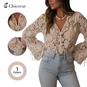 Chicovar Women’s  Floral Lace Sheer Blouse, Long Sleeve Button Front Mesh Top with Drawstring Cuffs, Lightweight Romantic Overlay Shirt,Perfect for Date Night, Party, Casual, or Vacation