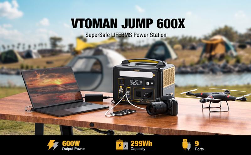VTOMAN Jump 600X Portable Power Station 600W 1200W Peak 299Wh LiFePO4 Battery 2x 110V/600W AC Outlets 60W PD 12V DC Output for RV Van Camping & Home Backup