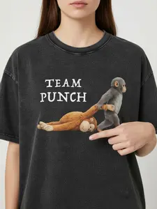 Team Punch T-Shirt, Baby Monkey Punch Shirt, Printed Washed Top, Unisex Vintage Oversized T-Shirt,  Casual Streetwear Large Tee Workout Short Sleeve Cotton Tops Oversize Unisex Washed T-Shirt for Women and Men's Super Soft Pre-Shrunk