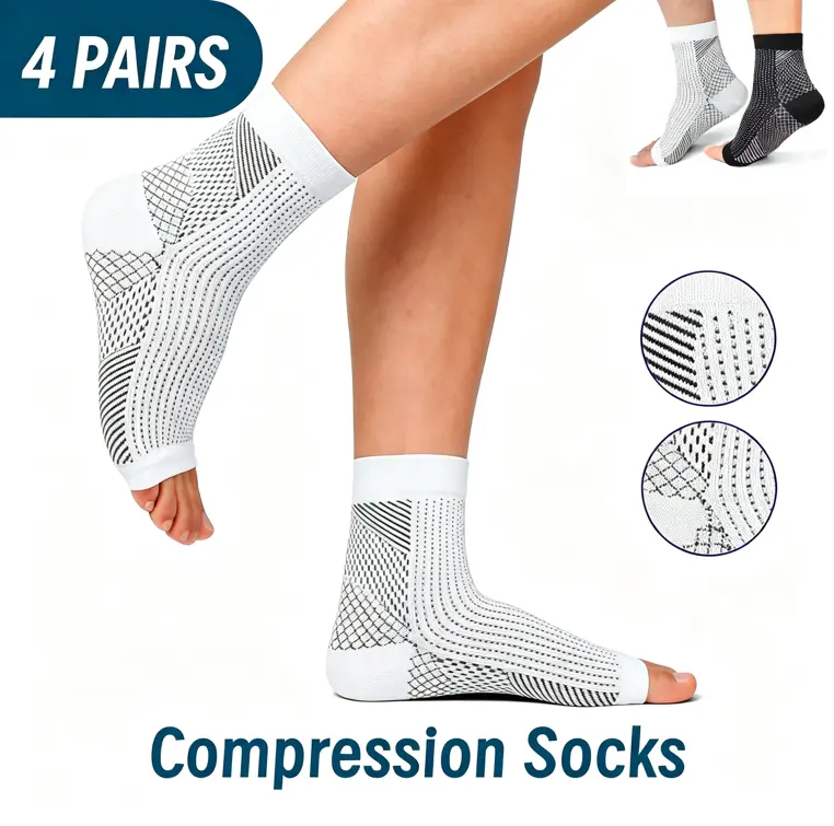 Unisex 4-Pair Open Toe Ankle Compression Socks, Arch Support for Plantar Fasciitis & Heel Pain Relief, Moisture-Wicking Foot Sleeves for Running