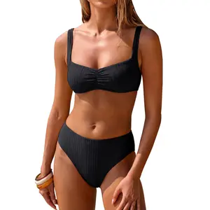 ANRABESS Womens Bikini Sets Two Piece Swimsuit Ribbed Front Ruched Mid Waisted Bathing Suit Color Block 2026 Beach Swimwear