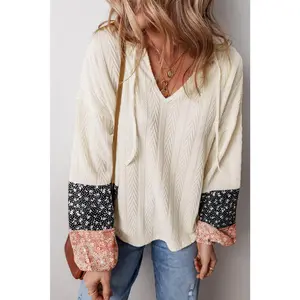 Beige Floral Patchwork Textured Knit Drawstring V Neck Blouse