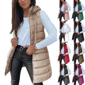 LAICIGO Women Winter Fashion Long Vest Solid Color Sleeveless Hood Puffer Outwear Vest Coat