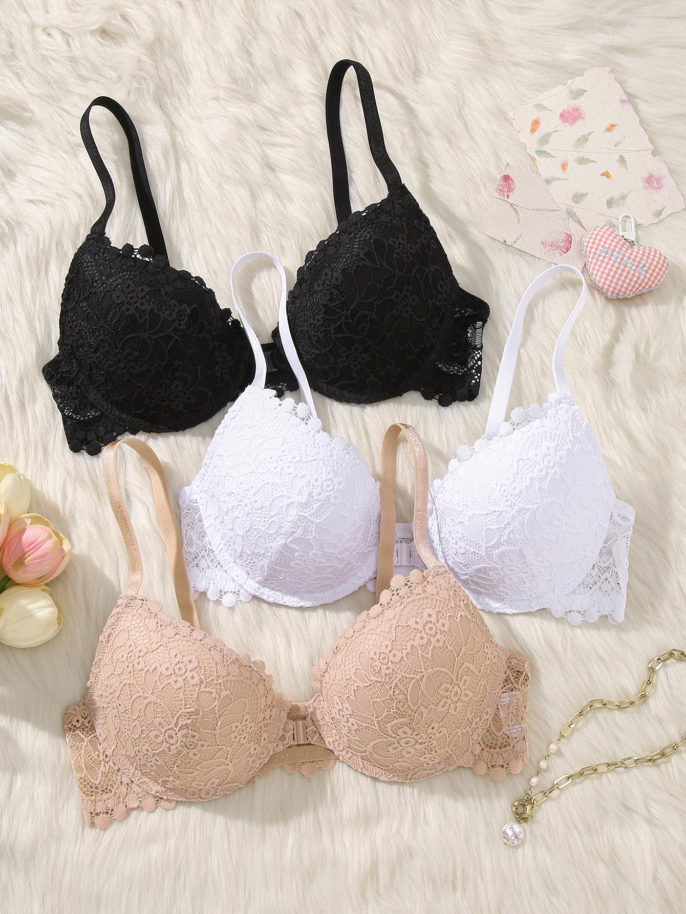 3PCS Women's Front Closure Push-Up Bra , Adjustable Straps, Sexy Elegant Lace Bras for Women, Soft Comfortable Breathable Everyday Wear Holiday Essential