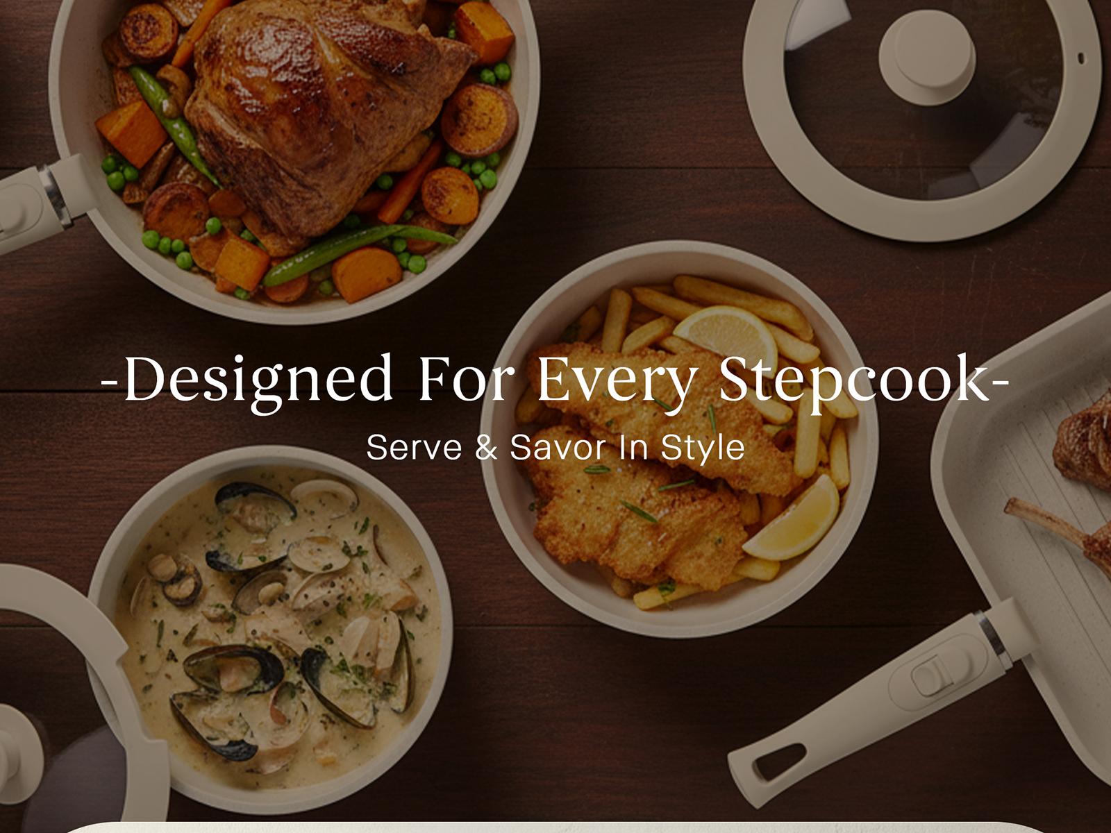 USELUCK 20 Pcs non stick pots and pans, Oven Safe, Stackable pots and pans with removable handles, Healthy RV Set with Detachable Handle Frying Induction Lids Stove Square Silicone Glass Cookware home use