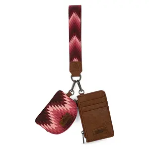 Wrangler Aztec Wave Print Western Dual Pouch Wristlet Credit Card Holder Wallet  Keychain with Zip Closure and Detachable Pockets Mini Semi-Circular Coin Purse & Key Ring Zip Card Case