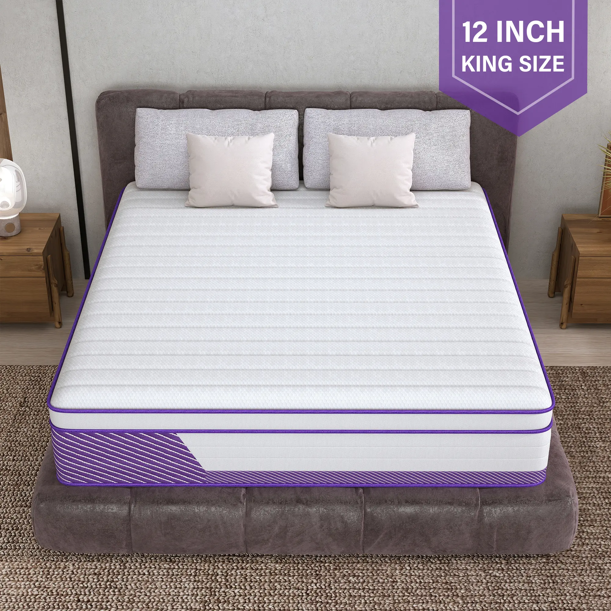 MULINATURE 12" King Size Mattress in a Box, Hybrid Memory Foam & Pocket Spring, Medium Firm Support, Motion Isolation, Sleek Purple