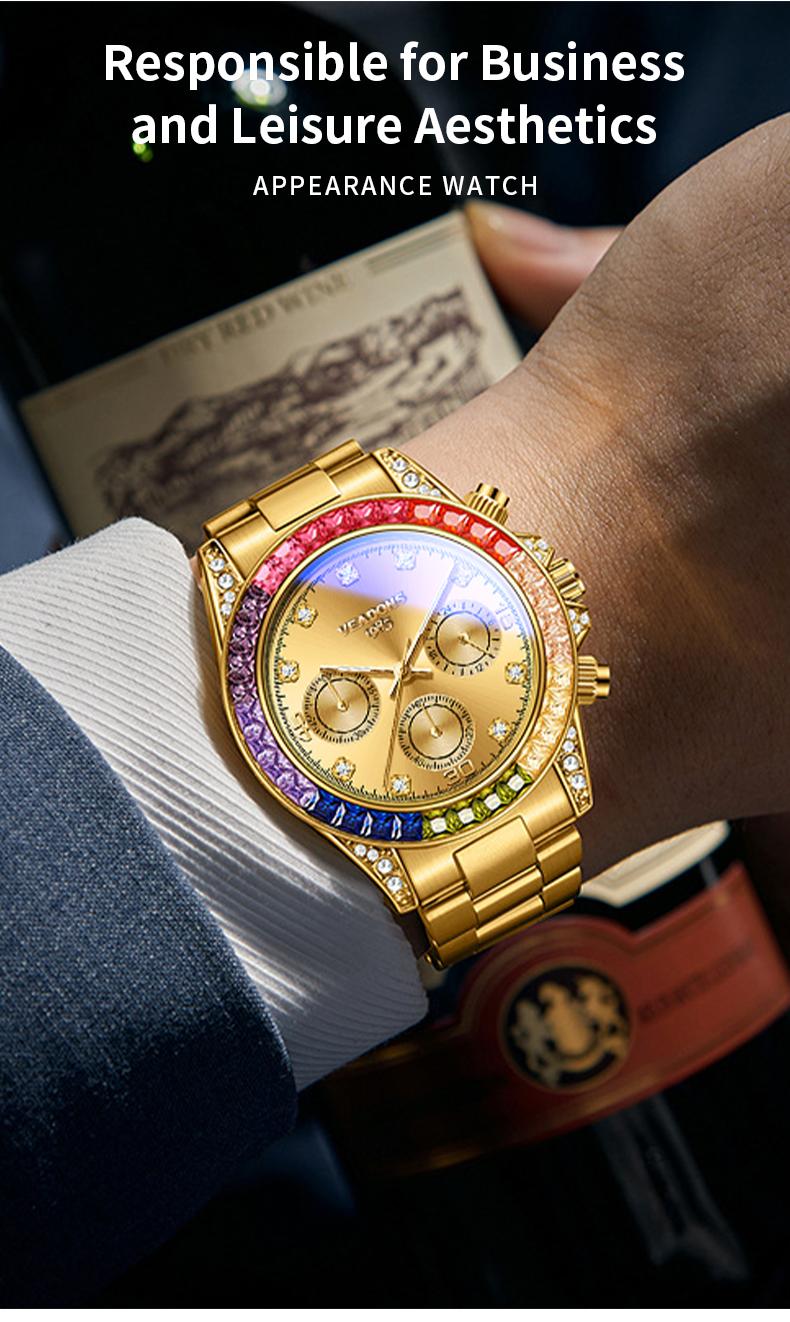 VEADONS Men's Business Fashion Rhinestone Decorated AnalogQuartz Watch Rainbow Crystal Chronograph Quartz Movement Luminous Date WaterResistant for Party Daily Wear Birthday Gift with Box