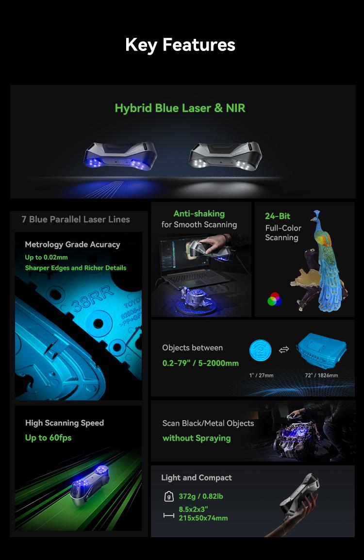 Creality CR-Scan Raptor 3D Scanner with Metrology Grade Accuracy and 7 Blue Laser Lines