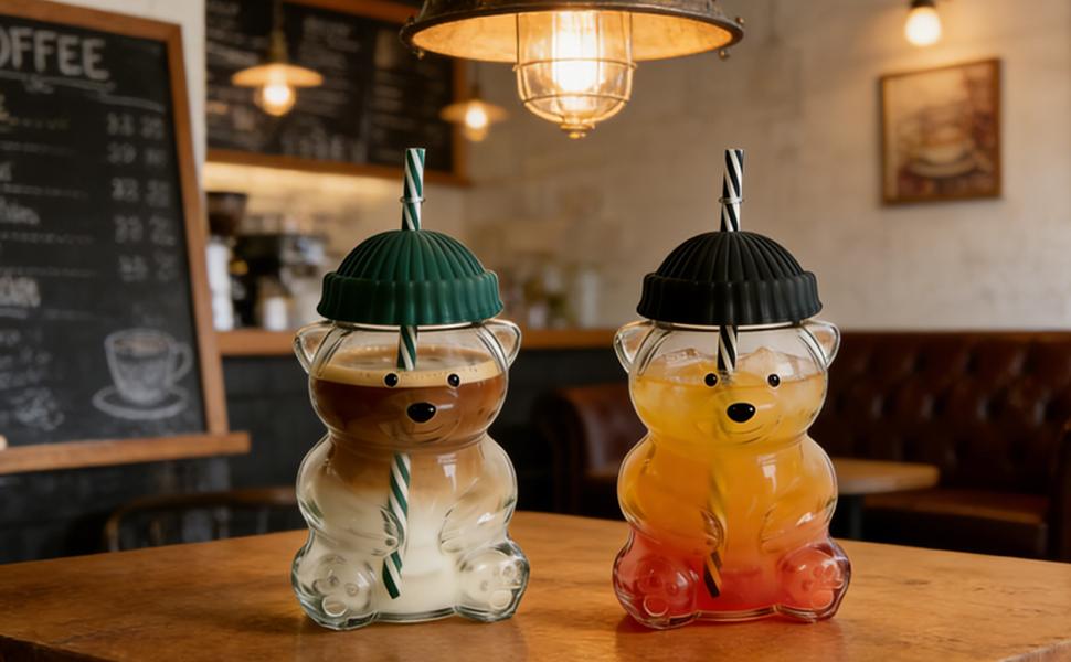 Viral Bearista Cold Cup for 2026 Holiday Collection Nostalgia Cute Bear Cup With Striped Straw 20oz High-Quality Glass Tumbler for Smoothies Boba & Beverage  Iced Coffee Glass Gifts colorful glass cup practical gift