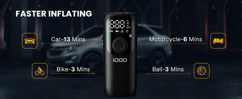 iDOO Cordless Tire Inflator, Portable 150PSI Air Compressor with Pressure Gauge & LED Light, Quick Inflation for Car Tires & Balls,FathersDayGift