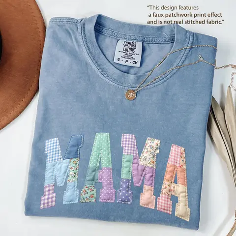 Comfort Colors Print Patchwork Floral Mama Shirt, Graphic Mama Shirt, Varsity Mom Tee, Patchwork Mama Shirt, Cottagecore Floral Mom Gift - AL