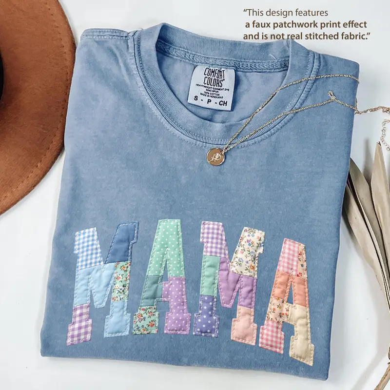 Comfort Colors Print Patchwork Floral Mama Shirt, Graphic Mama Shirt, Varsity Mom Tee, Patchwork Mama Shirt, Cottagecore Floral Mom Gift - AL