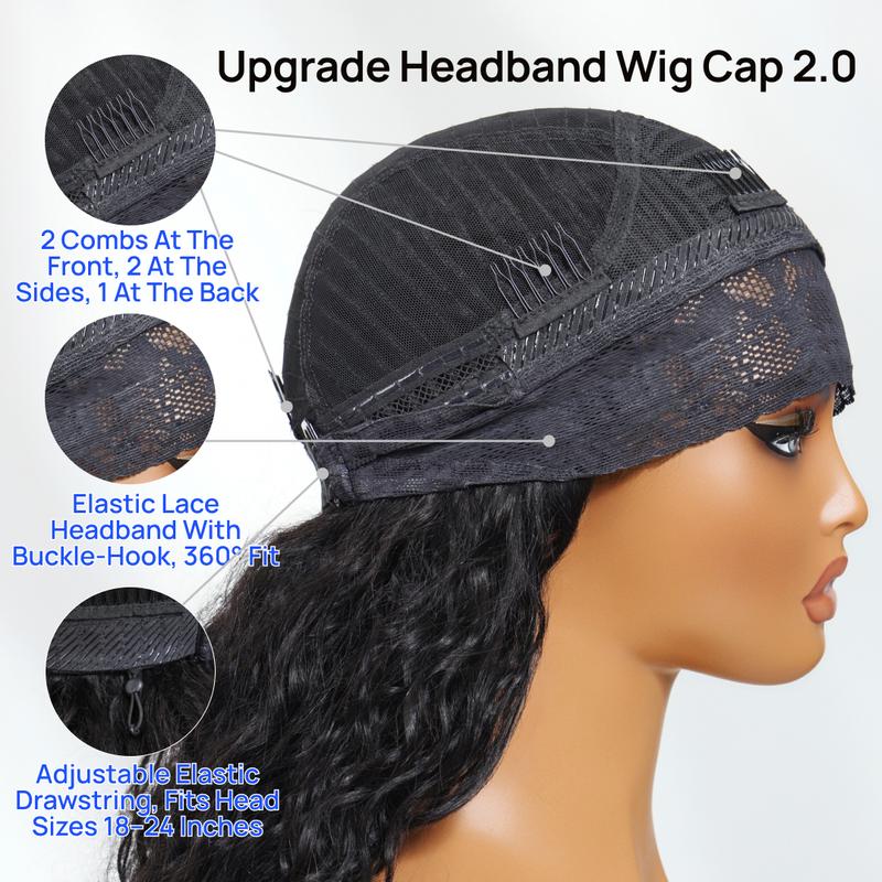 【All-Day Security】Water Wave Breathable Headband Wig With Drawstring Hook Fit Glueless Wear-And-Go Wig Natural Black Human Hair Lace Frontal TikTokShopStockUp