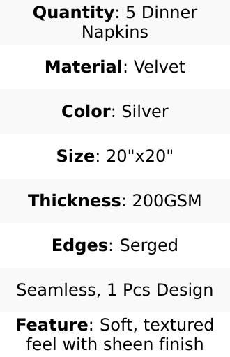 5 Pack Premium Velvet Napkins 20"x20" Silver - Soft Sheen Finish Dinner Napkins