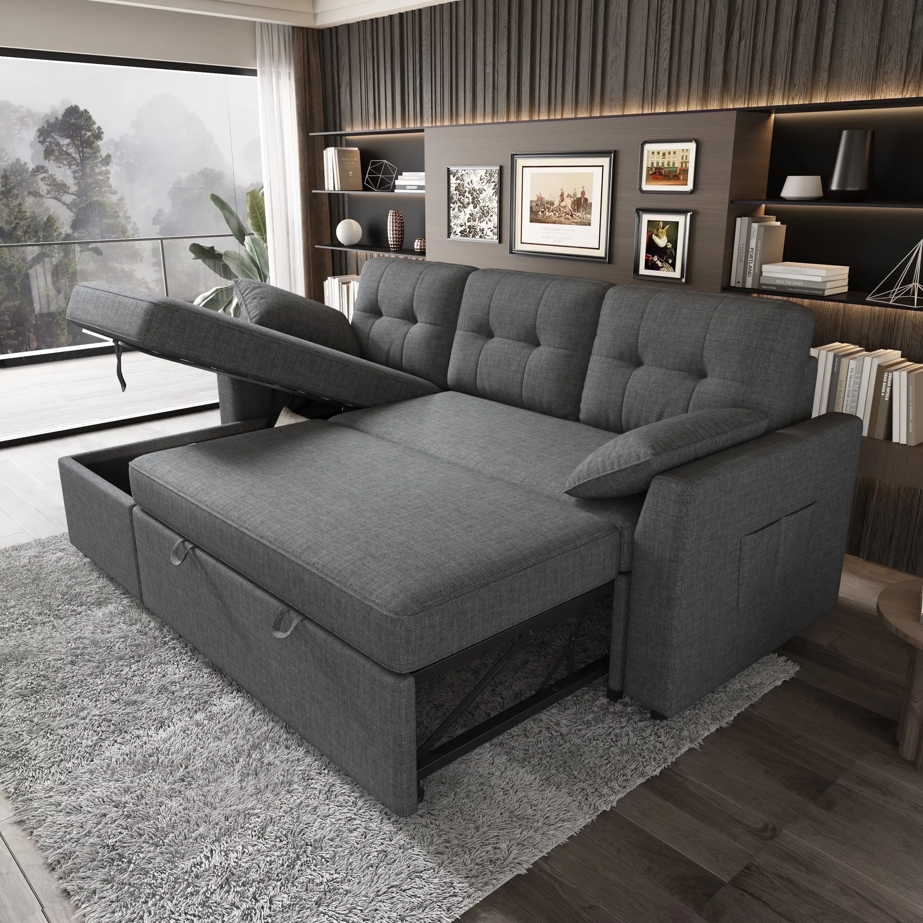 [Ships in Multiple Packages] AMERLIFE Linen 84"/112" Sectional Sofa with Storage Chaise, Reversible Pull Out Couch Bed, L Shaped/ U Shaped Couch, Oversized Sleeper Sofa for Apartment, Living Room/Best Gift Ideas[tiktokshopbacktoschool][SohoChic]