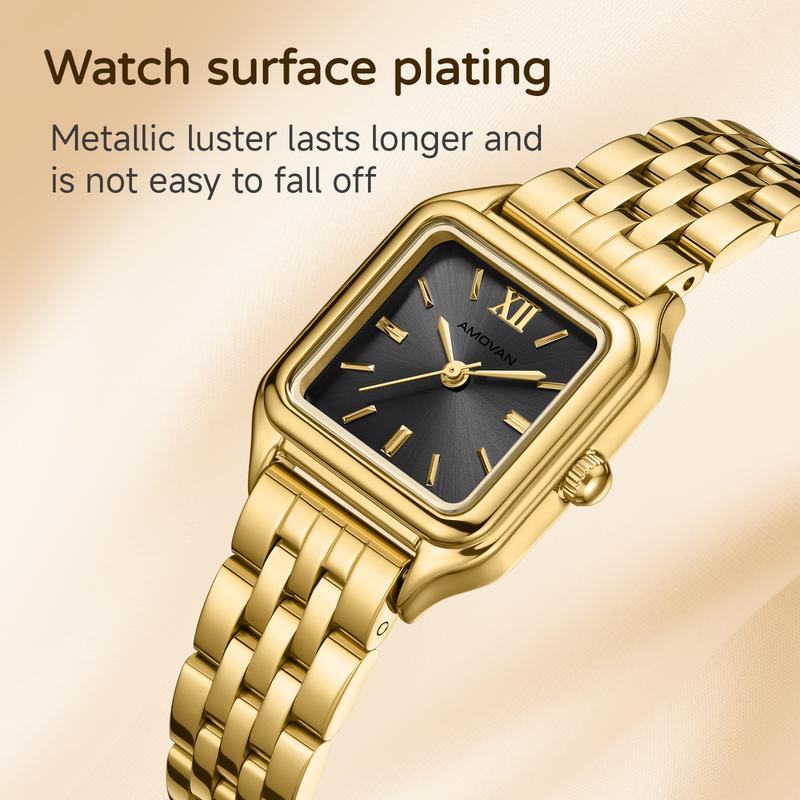AMOVAN Gold Stainless Steel Bracelet Watch with Black Dial and Roman Numerals