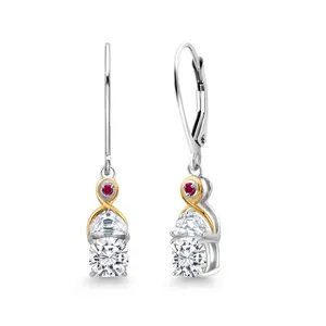 Gem Stone King Two-Tone 5MM Cushion Gemstone Birthstone Half Moon White Moissanite and Created Ruby Dangle Earrings for Women | 925 Silver and 10K Yellow Gold | 1.2 Inch Drop | Fine Jewelry for Her Mom Wife