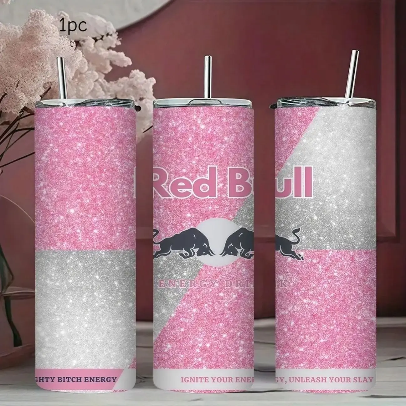 1pc 20oz Stainless Steel Insulated Mug, Red Bull Themed Glitter Water Bottle | 4 Girly Colors, with Clear Sliding Lid and Straw, Suitable for Outdoor and Indoor Gym Use, Personalized Birthday/Holiday Gift, Insulated Travel Drinkware