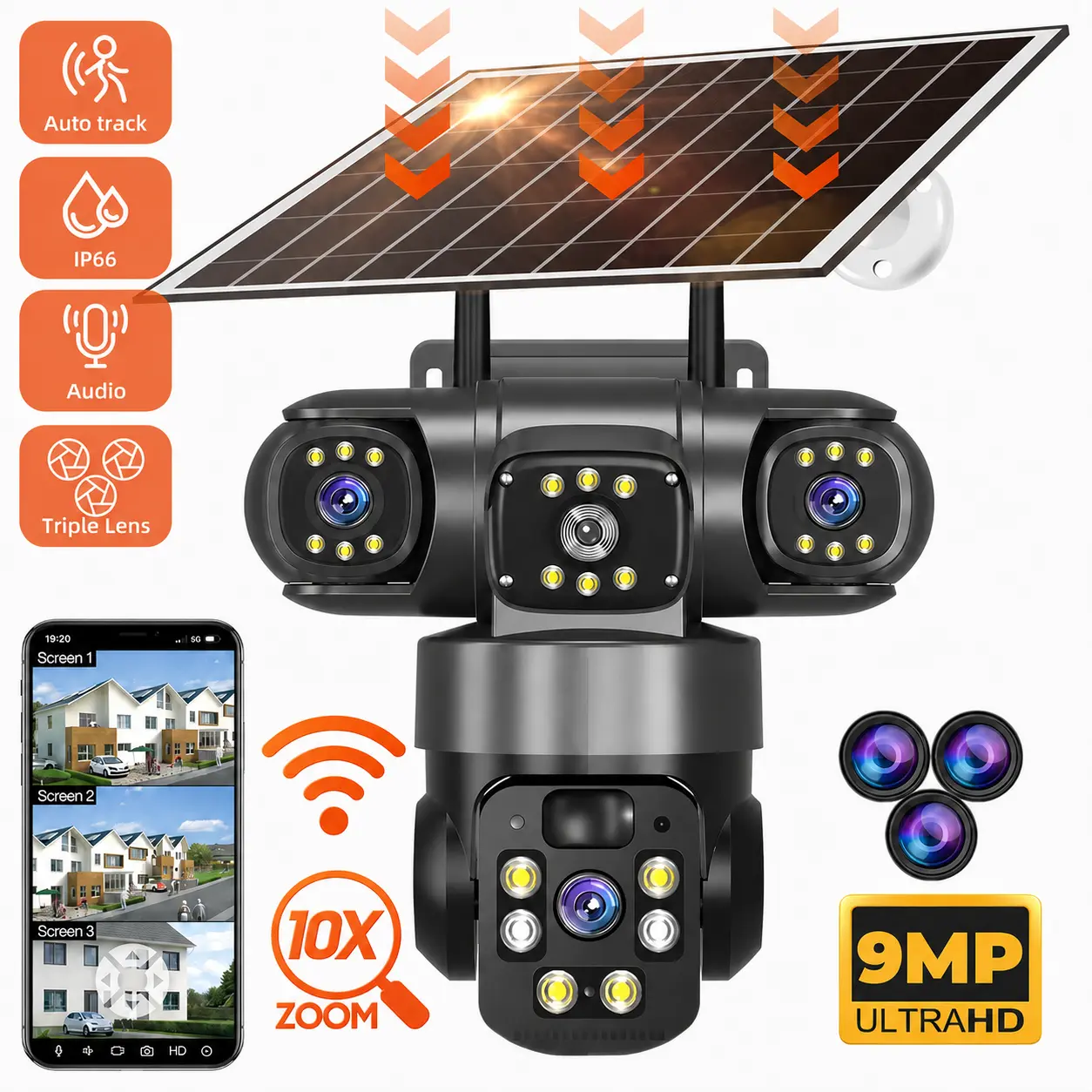 Outdoor 9MP Triple-Lens Solar Security Camera - 2.4GHz WiFi PTZ Camera with 64GB/128GB/256GB Memory Card, Person Alerts, Color Night Vision, 2-Way Audio