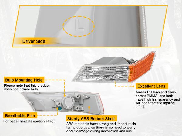 Nilight Front Turn Signals Light Clear Amber Lens Parking Light Day Running Light Side Marker Light Compatible with 2007-2017 Jeep Patriot Driver Side
