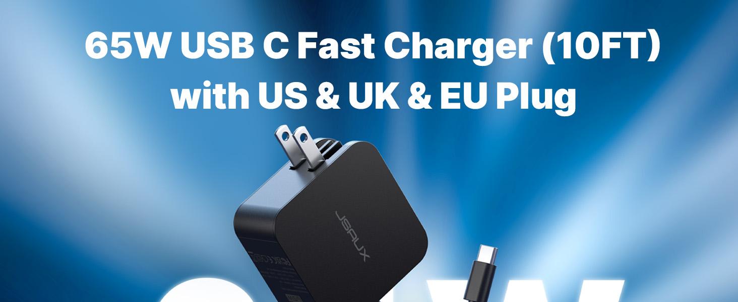 JSAUX 65W USB C Charger with 10FT Cable, Fast Wall Charger for ROG Ally, Steam Deck, MacBook Pro/Air, Chromebook, Huawei Matebook, Dell, Lenovo, ASUS, and more.