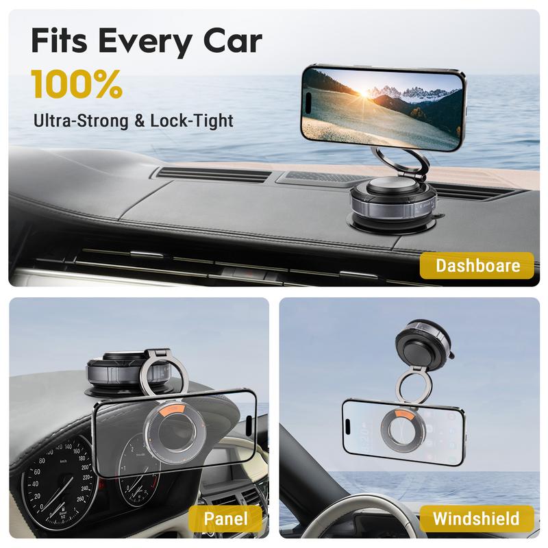 ​360° Rotating Foldable Magnetic Car Phone Holder for iPhone 15/14/13/12 - Zinc Alloy MagSafe Mount with Universal Vacuum Suction for All Cars & Phones