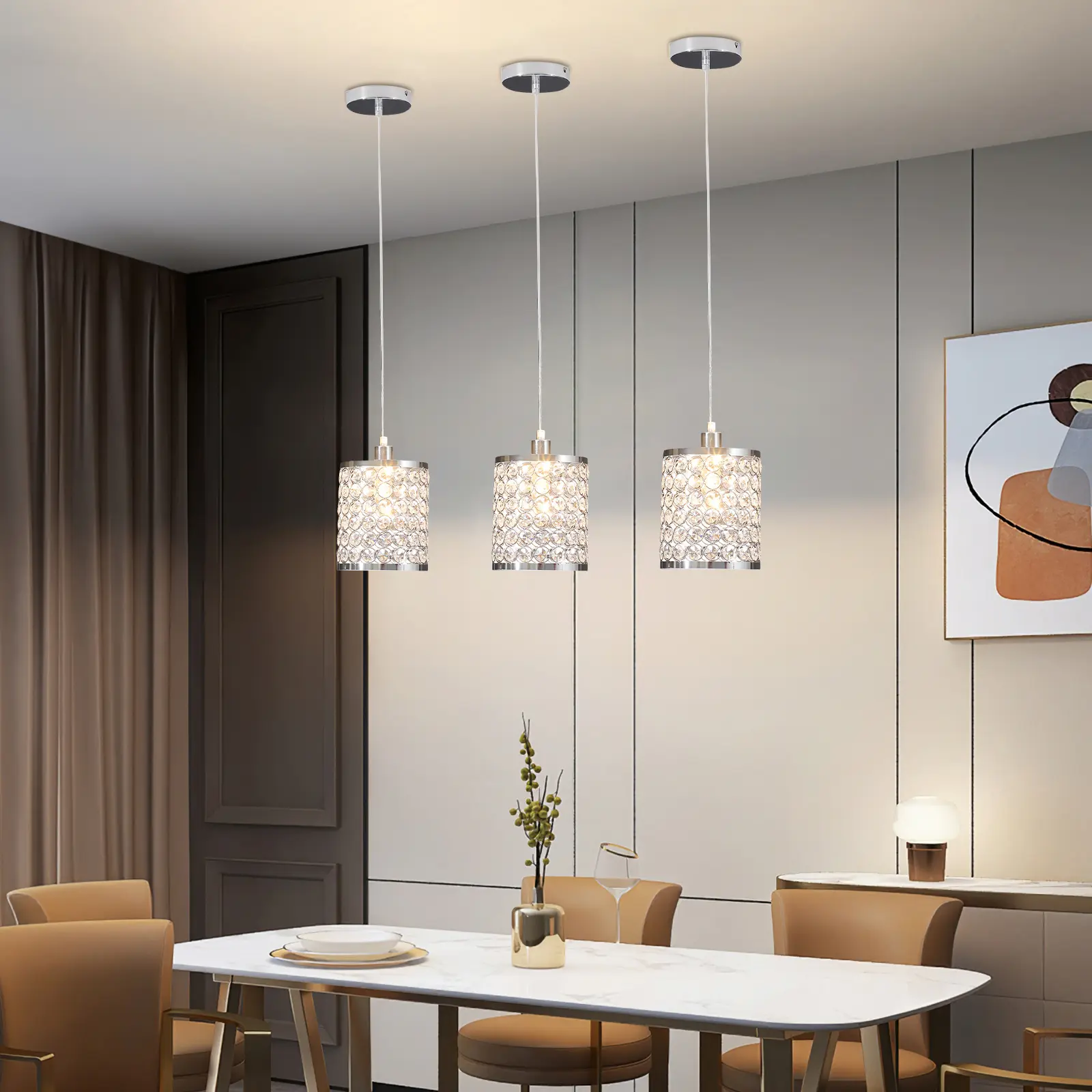 CNCEST 3-Pack Chandelier Set - Chrome Metal Height-Adjustable AC-Powered Artistic Decorative Ceiling Lighting, 70in Max Cord All-Glass Pendant Lamps for Living Room, Dining Room, Decorative Lights, Adjustable Height Ceiling Lighting
