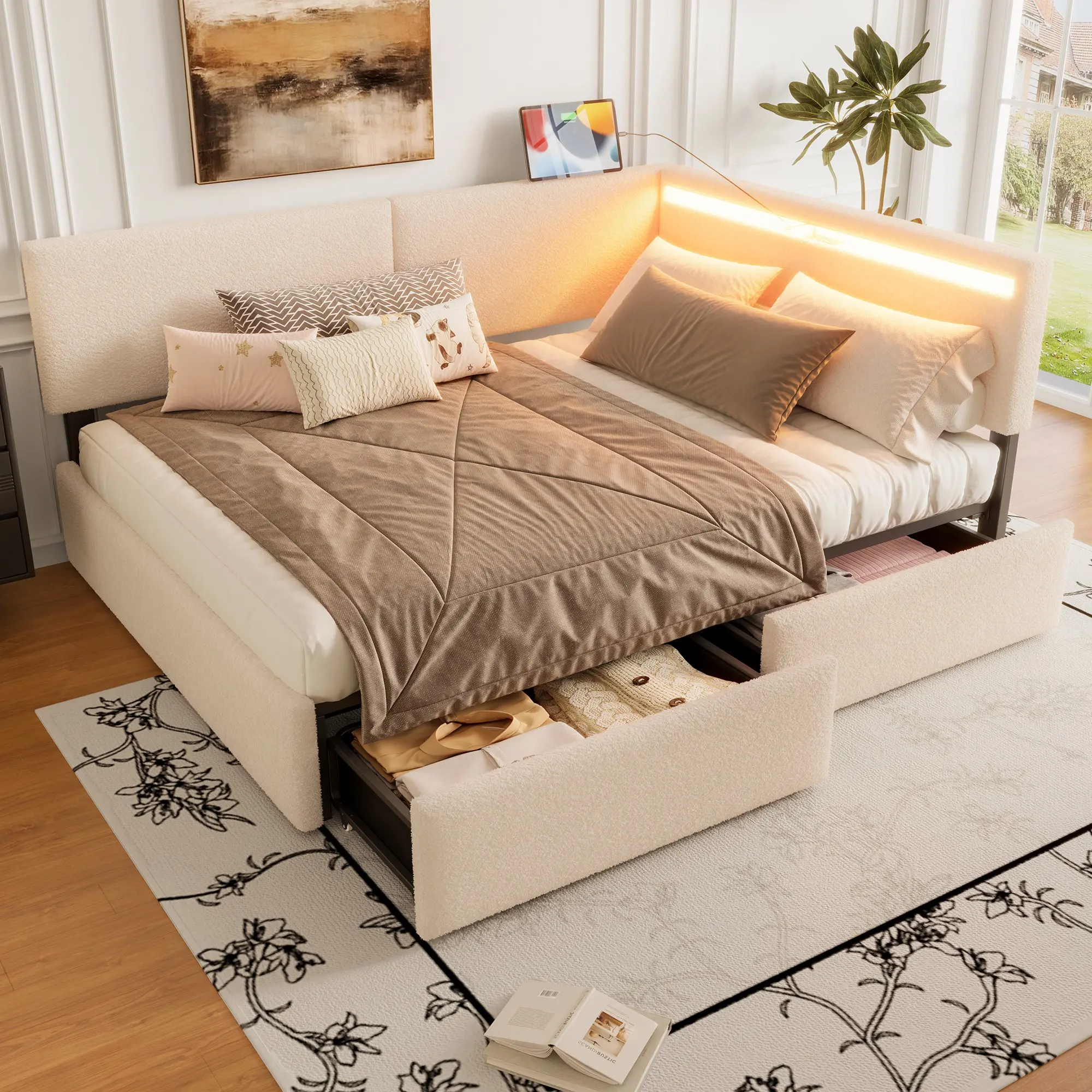 Full Size Upholstered Cloud Bed Frame with Headboard, LED Lights & USB Charging, 2 Storage Drawers, Solid Wood Legs, No Box Spring Needed, Beige divan bed