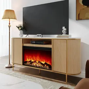 OKD 70" Fluted Fireplace TV Stand – 30" Electric Fireplace, 2 Cabinets & Open Shelves, Rustic Entertainment Center / Media Console