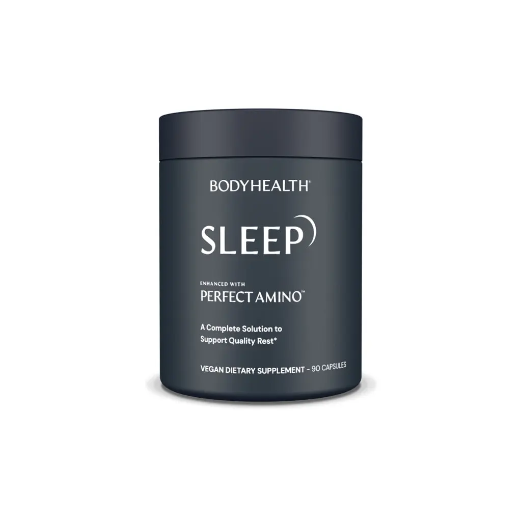 BODYHEALTH Sleep Enhanced with PERFECT AMINO® Vegan Dietary Supplement - 90 Capsules, Melatonin, Vitamins, Gluten-Free, Non-GMO, Drug-Free, Tryptophan, for Restful Sleep & Stress Relief, Healthy Sleep Supplements Natural