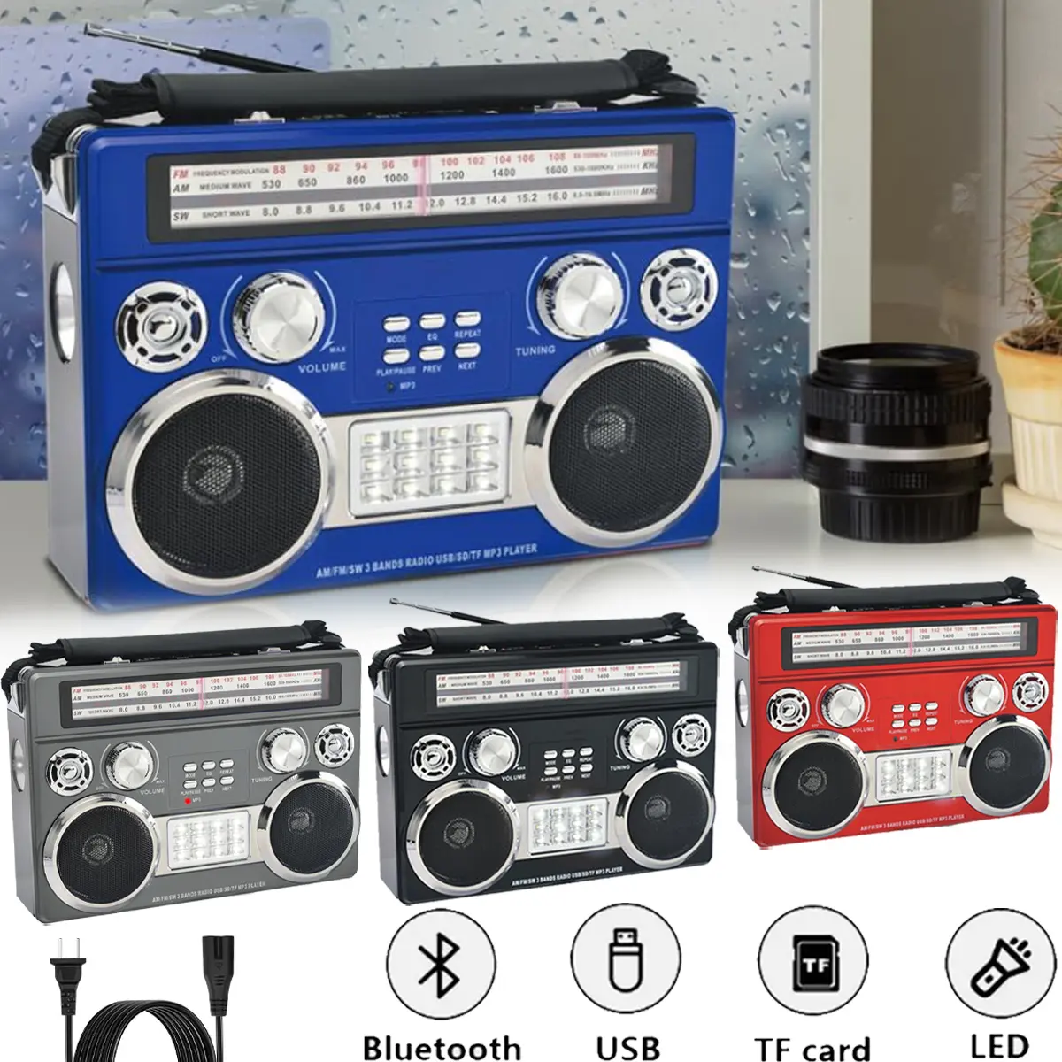 Portable Bluetooth Speaker RetroBox AC/DC Power USB/SD/FM/AM/SW/AUX LED Flashlight Bluetooth Boombox