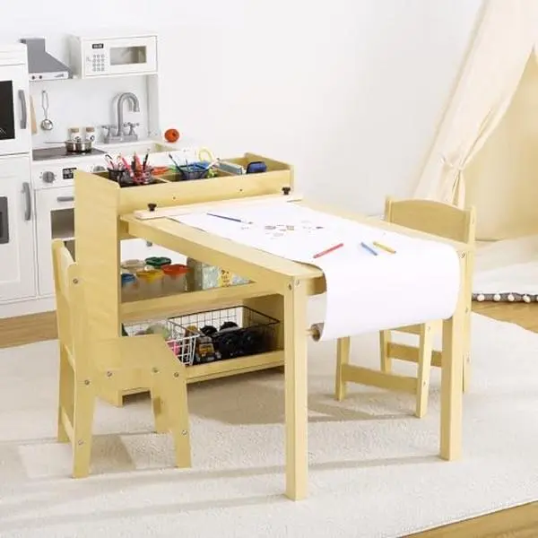 Wood Kids Art Table Set with 2 Chairs, Reinforced Legs, Large Storage Shelves, Sturdy Natural Wood Dual-Purpose Toddler Activity Desk for Writing, Drawing, Ideal for Nursery Indoor Furniture Set