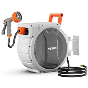 VEVOR Retractable Garden Hose Reel,  , 1/2 Inch x 145 ft Wall Mounted Hose Reel, Heavy Duty Garden Hose Reel with 9 Patterns Nozzle, Any Length Lock, Upgraded Slow Return System and 180°Swivel Bracket