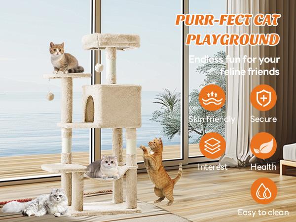 Cat Tree Tower, Multi-Cat Climbing Tower with Condo, Natural Sisal Scratching Posts, Extended Platform, Hammock, Pet House for Indoor Cats and Kittens Play
