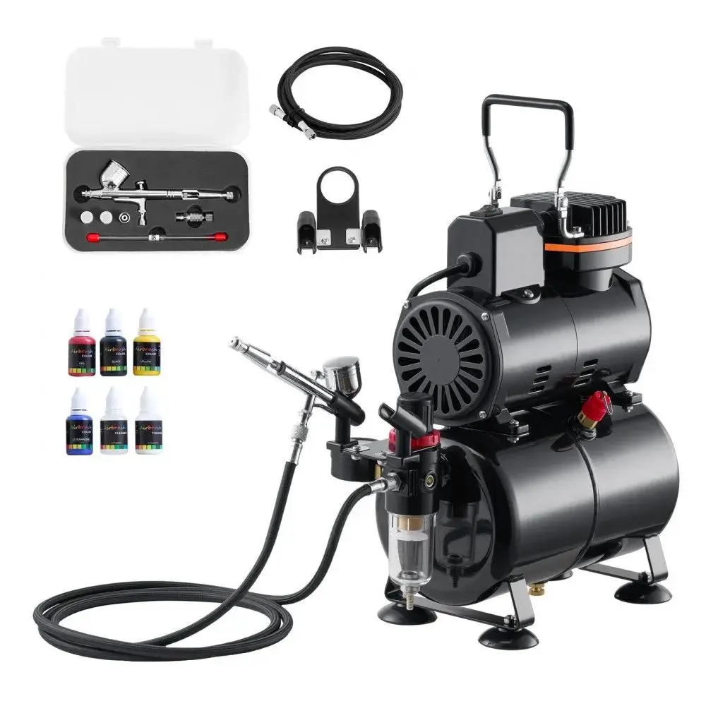 【Backtoschool】VEVOR Airbrush Kit, 1/6 HP, Air Brush Kit with Air Compressor and Tank, 1 Dual-Action Professional Airbrush with 3 Tips, Acrylic Paint, Low Noise, for Cake Decorating, Model Painting, Nail Art