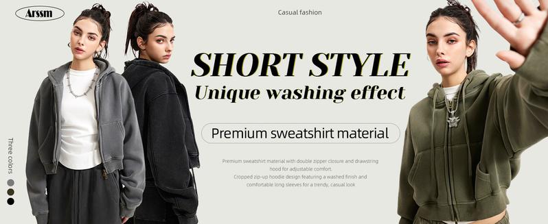 Arssm Women’s Cropped Zip-Up Hoodie – Acid Wash Double Zipper Short Sweatshirt for Trendy Streetwear & Casual Fall Outfits