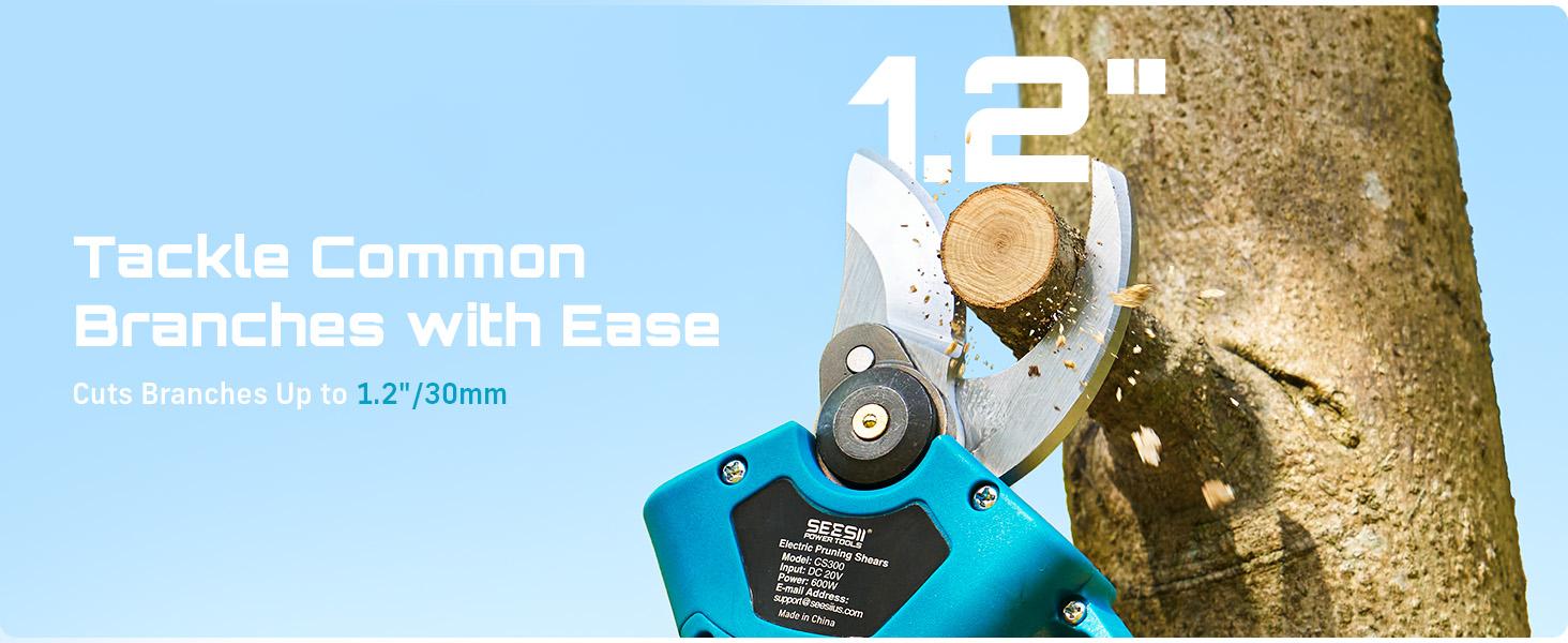 SEESII Electric Pruning Shears for Gardening: 1.2” Cutting Cordless Power Pruner - 2 Lbs Lightweight &  Portable, Brushless Motor, Dual 2.0Ah Battery, 2 Levels Adjustable Models,  Extra SK5 Blade Branches Cutter For Tree & Flower Trimming SP100