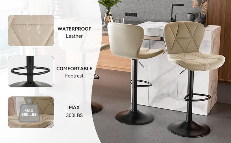 Modern Bar Stools, Adjustable Faux Leather Upholstered Swivel Bar Stools, Counter Height Bar Chairs with Back for Kitchen Island, Black