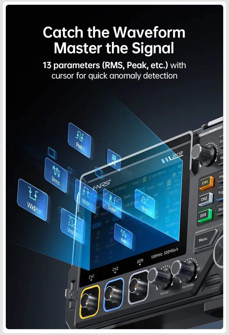 FNIRSI 2D15P Handheld Oscilloscope Multimeter - 3-in-1 Digital 2CH Automotive Tool with 100MHz Bandwidth, 500MS/s Sampling, 19,999 TRMS Counts, 10MHz DDS Signal Generator, 4.3 Touch Screen, 128-Level Grayscale Display, 6 Math Operations, Built-in Cells