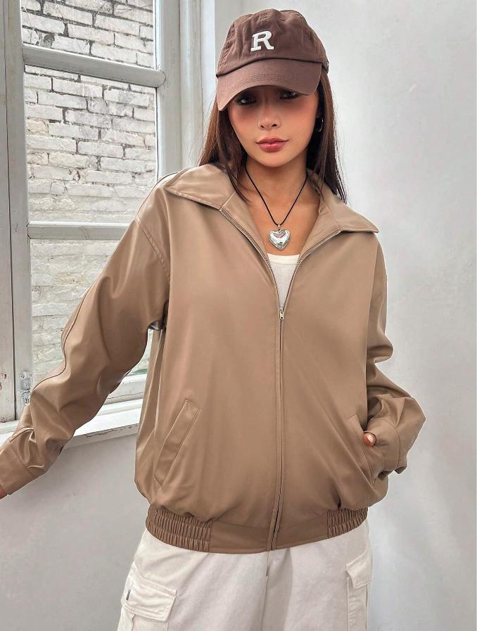 Zip Up Drop Shoulder PU Thick Leather Jacket *LooKo