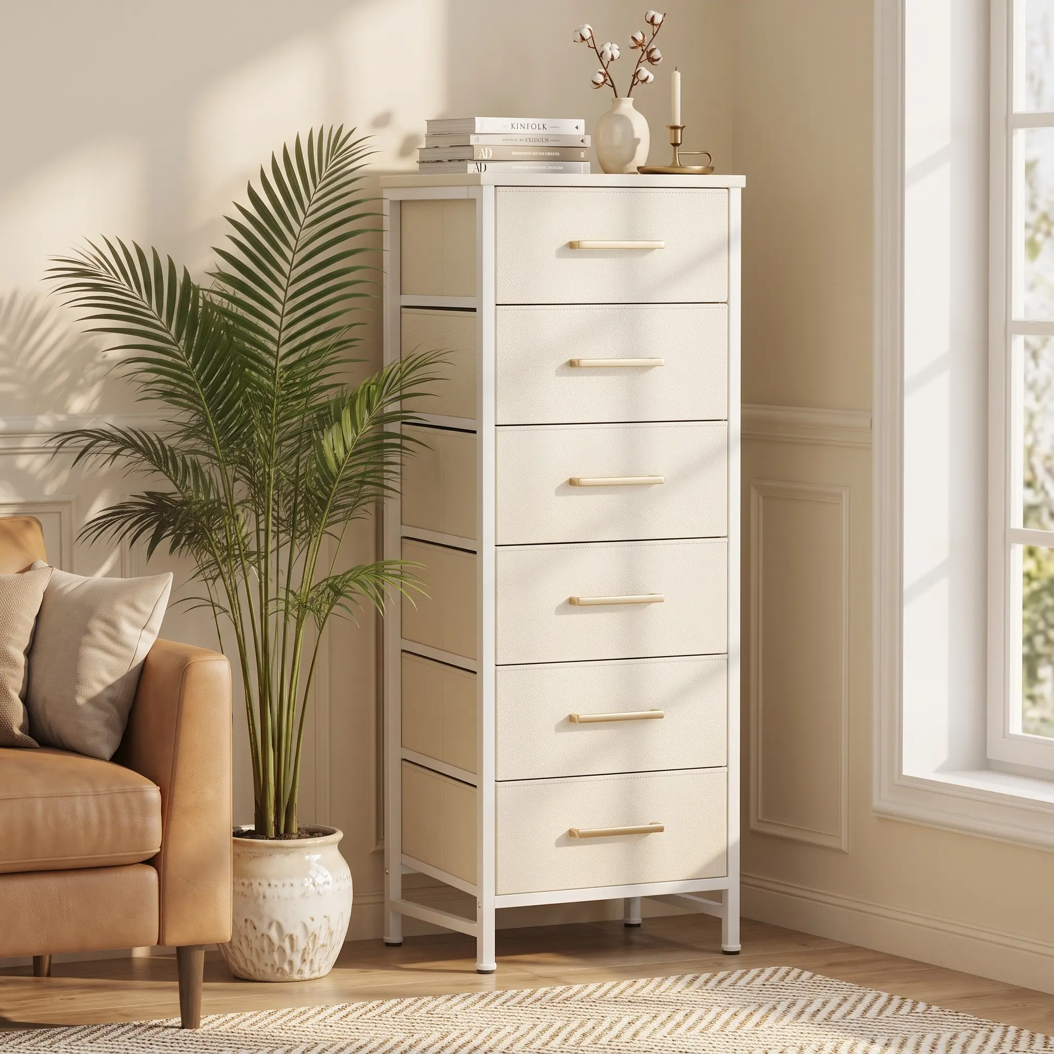Tall 6 Drawer Fabric Dresser for Bedroom, Kid Safe Vertical Chest of Drawers Storage Tower with Reinforced Non-Woven Bins, Waterproof Wood Top & Sturdy Steel Frame, Anti-Tip Organizer Unit for Nursery Closet Entryway Dorm Apartment cupboard cabinet