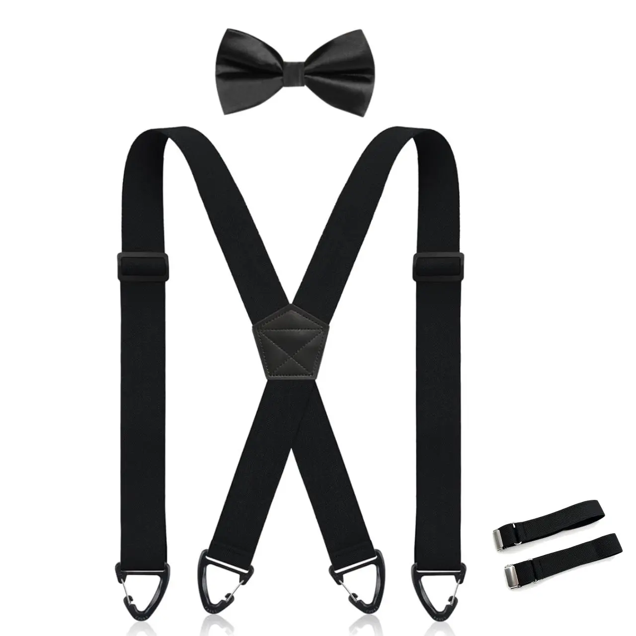 1 Set Unisex 1.5 Inch X-Back Hidden Suspenders, Heavy Duty Under Clothing Work Braces, Includes Adjustable Black Bow Tie & Pair of Black Sleeve Garters, Formal Business Shirt Outfit Accessories for Men Women